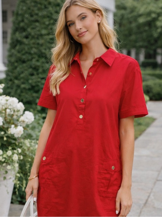 Pomander Place Dresses & Skirts - Tuckernuck Pomander Place Red Cotton Shirt Dress Gold Button Preppy 36439
